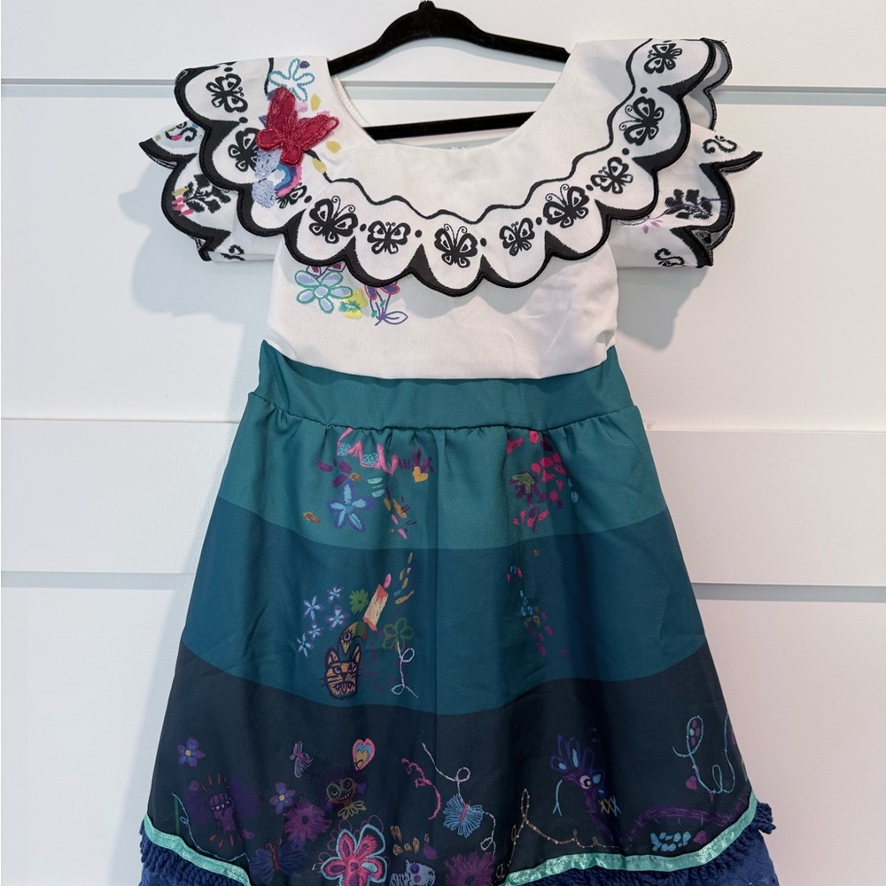Encanto Floral Embroidered Kids Dress - White and Blue